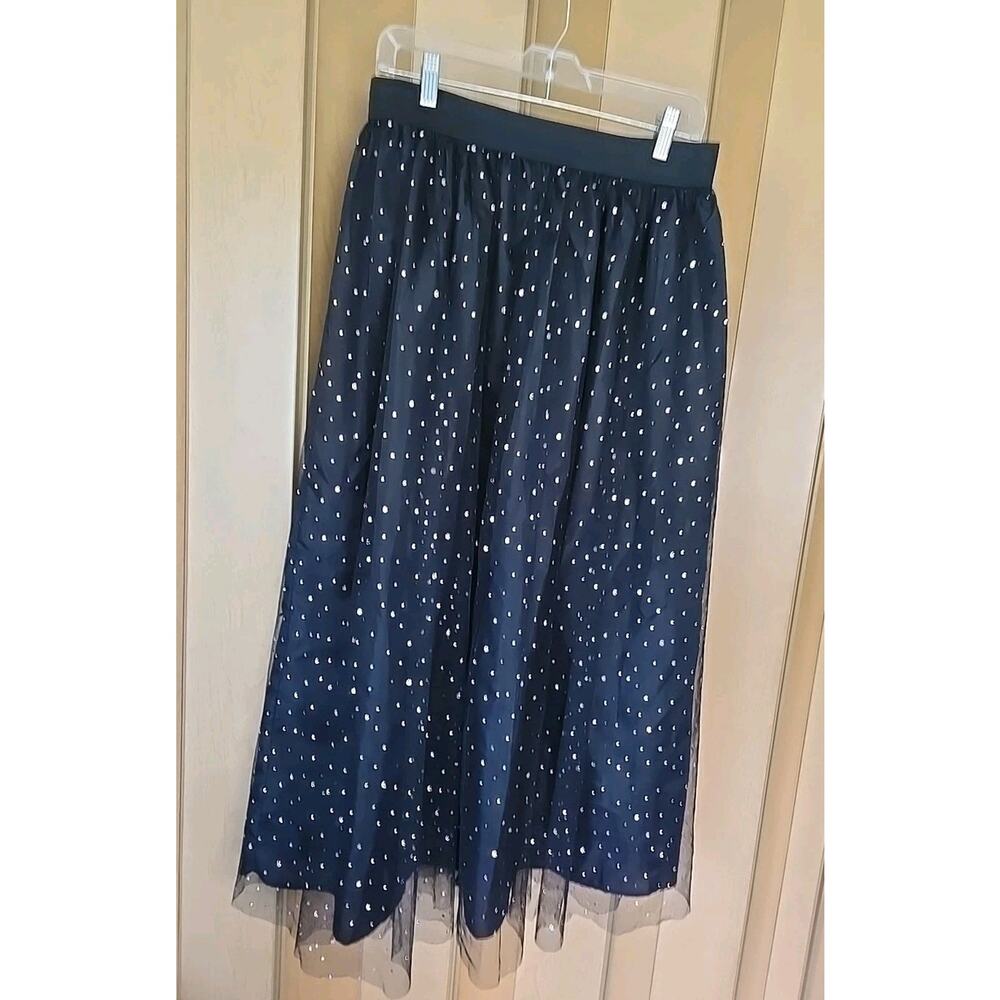 Women's Black Sheer Layered Tulle Sequined Midi Skirt Size 1X Elastic Waist